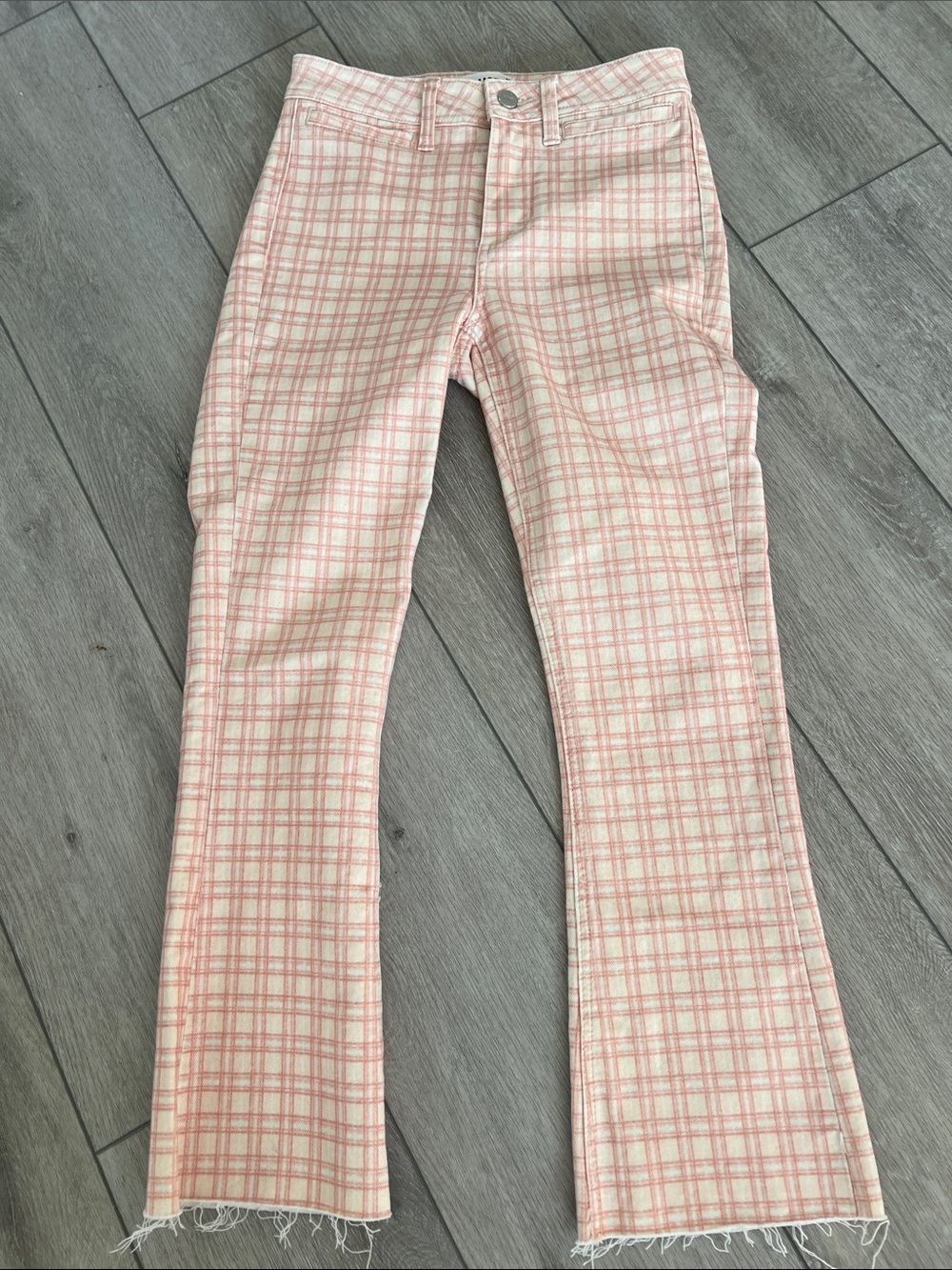 PAIGE Collette Pink & White Plaid ankle Flare Pants size 25 - Picture 2 of 8